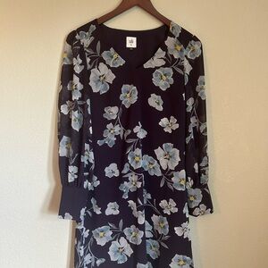 CAbi Long Sleeve Dress with Blue and White Floral Pattern